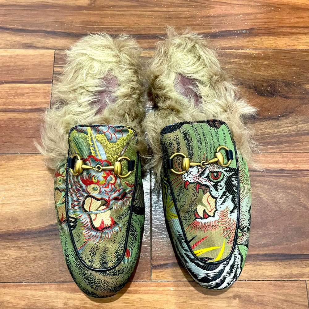Green Men's Princetown Tiger Jacquard and Lamb Fur Slippers Mules/Slides